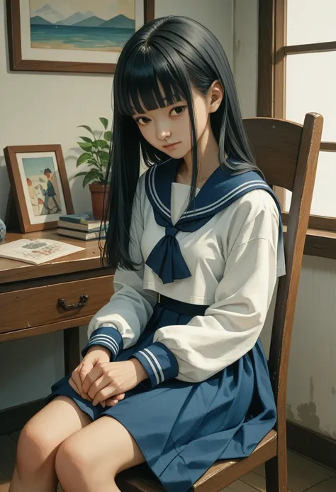 (KWAII,asian,drama,imagem sem fundo,watercolor:1.1)black hair,long hair,straight hair,blunt bangs,small breasts,dark blue sailor collar,white sailor shirt,long sleeves,dark blue skirt,sitting on chair,study,room