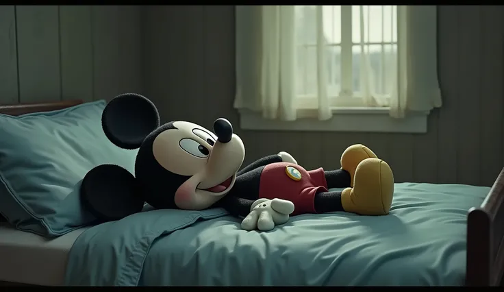 Mickey Mouse, bed, lying on his back on the bed, tired, stunned face, in the room, from above, half eye, alone, not eyebrows, not eyelashes