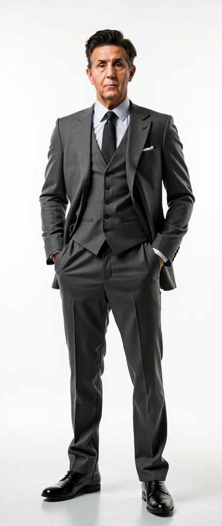 man  wearing gray vintage suit  ,serious, cinematic , white background , , full body , hands in pockets , high quality , 