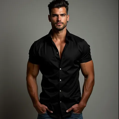 Tall Man, Japan human skin, Asymmetrical face, Features, você sabe as Features do ator Nick Bateman, Standing, Develops upper body muscles,She is wearing a black blouse that reveals her arms., e jeans 
