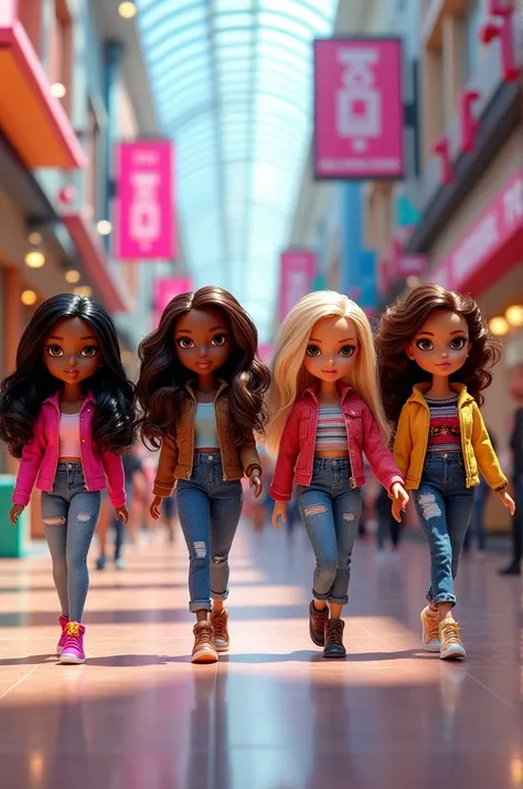 generate an image of 4 bratz dolls, one with black wavy hair without bangs with brown skin with brown eyes, one with straight brown hair with blonde highlights at the end of her hair without bangs and brown and brown eyes, one with dark brown, almost curly...