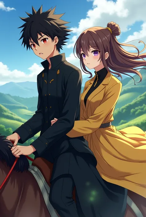 Anime boy ((( Spiky hair , black hair , black outfit , red eyes , narrowed eye , handsome ))) , anime girl , purple eyes , brown hair , tied single bun hair style , yellow outfit ))) , matured , good quality , masterpiece , horse riding , side view