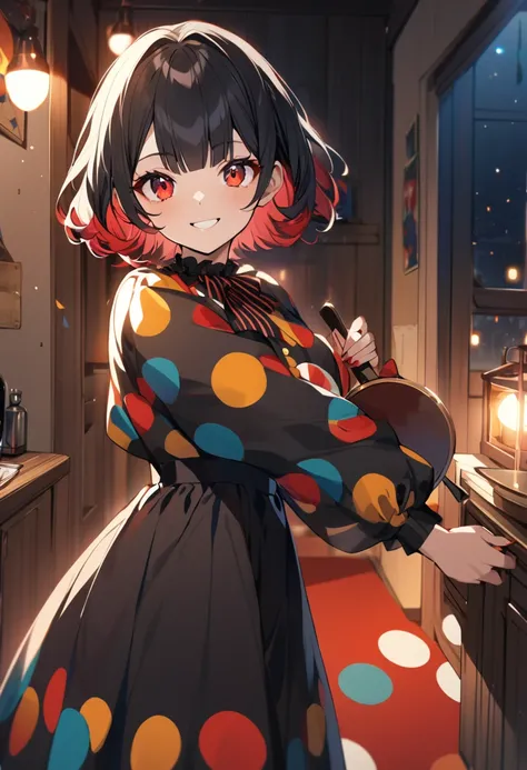 1 adult girl, alone, looking at viewer, short hair, bangs, black hair, red eyes, curled hair, long sleeves, dress, holding, polka dot clothes, mouth smiling, red hair, multicolored hair, clown outfit, inside house, blunt bangs, black dress, indoors, lights...