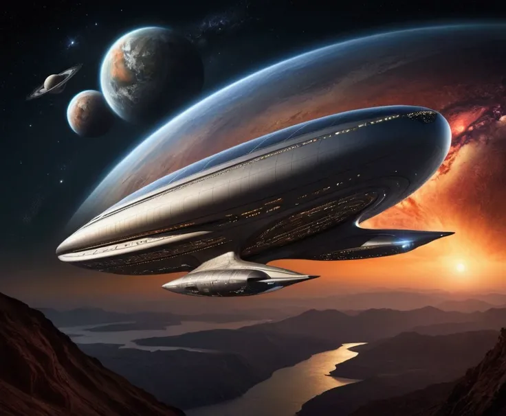 "Created in ultra high definition (4k), The hyper-realistic scene depicts with astonishing precision the moment when a magnificent futuristic war spaceship of extraterrestrial origin penetrates, whose architectural structure is defined by subtle curves. Be...