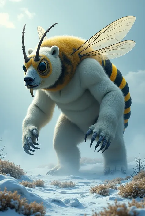 A colossal semi-monster fusion of a polar bear and a bee, standing tall on a snowy landscape. The creature has the massive muscular build of a polar bear, with sharp claws and fur, but its back is adorned with vibrant yellow and black bee-like stripes. Its...