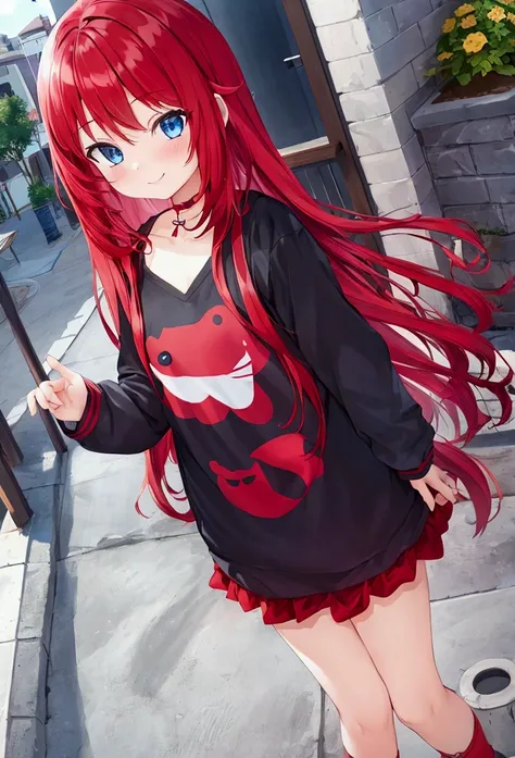 1kid, girl, red long hair, cute, blue eyes, cute clothes, cute smile, CG, screenshot, 12years