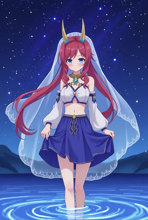 8k,Fluorescent Art, Starry sky,Alone, nilou (genshin impact), horns, 1girl, long hair, Veil, breasts, brooch, jewelry, looking at viewer, fake horns, skirt, red hair, circlet, navel, harem outfit, neck ring, stomach, long sleeves, water, bare shoulders, bl...