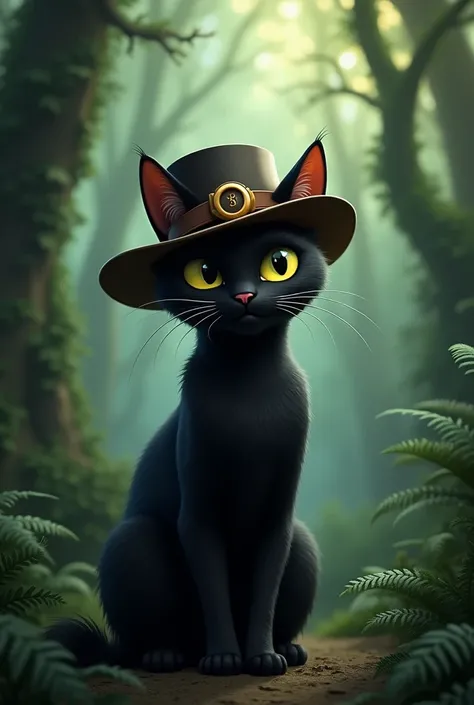 Black cat with Bruno&#39;s hat in the forest 