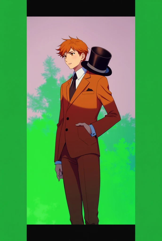 Anime boy, orange in color, Suit, top hats, boy, posing