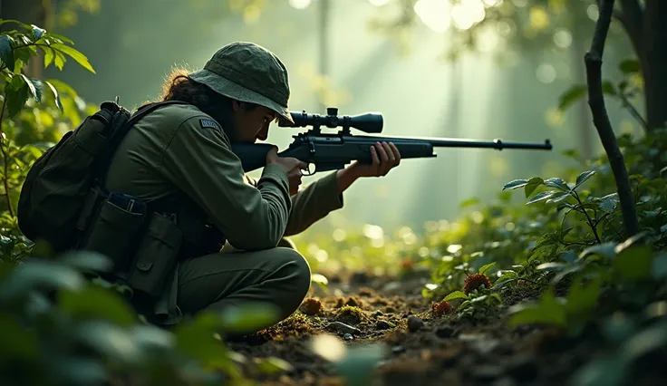 a person sniping in prone position in a world war field, old war dress, lush greenery rainforest background, sun rays, highly detailed, realistic, photorealistic, 8k, HDR, cinematic lighting, dramatic shadows, military uniform, sniper rifle, camouflage, de...