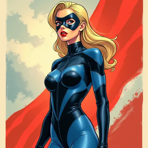 20 years old blonde teen girl with wearing blue and black spandex bodysuit and mask, Propaganda Poster, 