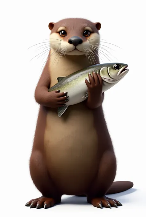 otter standing but realistic and of average normal weight looking towards the camera, that is, facing forward, holding a fish with both hands, realistic straight stop with white background, Full body, meaning I want to see his whole body from head to toe.,...