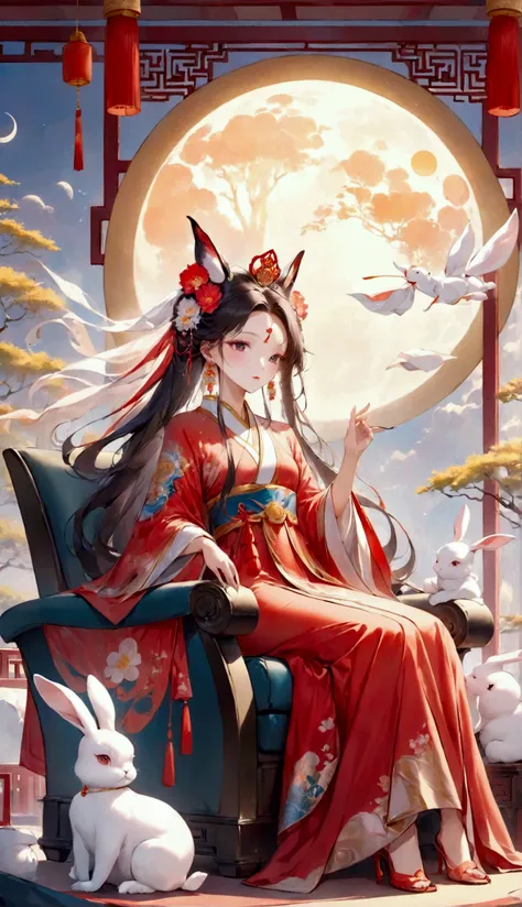 Chinese ancient living room decoration，Moon Palace Murals，Chinese goddess Chang&#39;e，long hair shawl,headgear，earrings，Wearing Chinese fairy costume，Sitting in a recliner，Moon Rabbit is helping to fan the wind