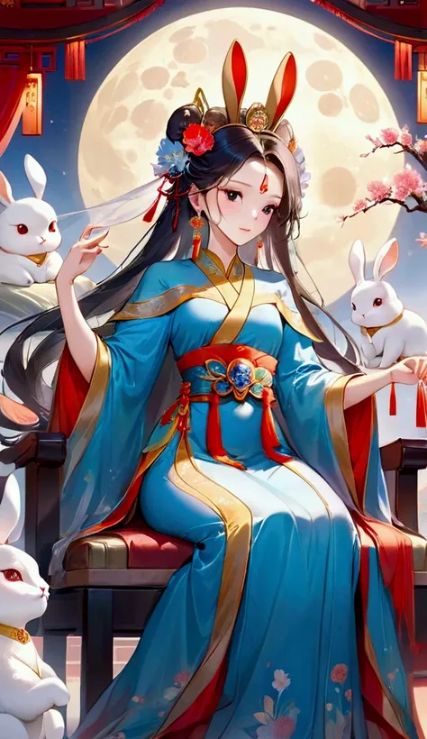 Chinese ancient living room decoration，Moon Palace Murals，Chinese goddess Chang&#39;e，long hair shawl,headgear，earrings，Wearing Chinese fairy costume，Sitting in a recliner，Moon Rabbit is helping to fan the wind