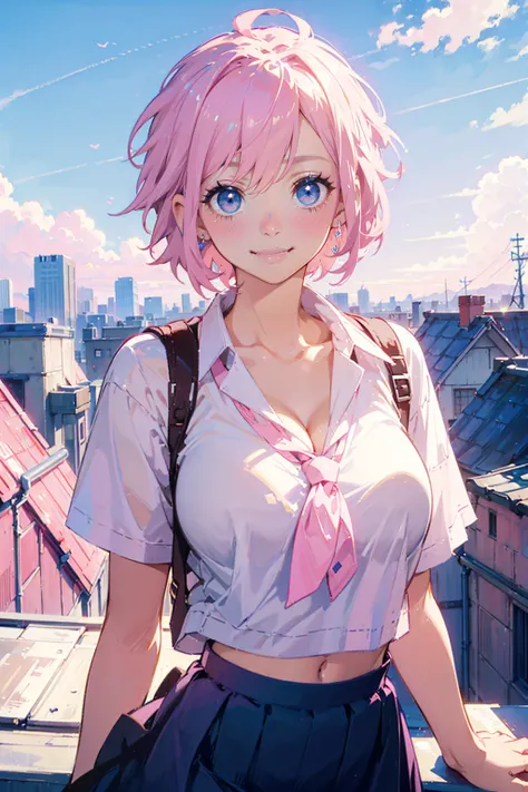 1girl,solo,cute,smile,(((pink short hair, blue eyes))),huge breasts,cleavage,student,shirt and skirt,
in rooftop,at school,at morning,