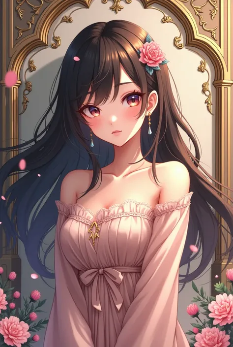 anime beautiful girl in front of decor