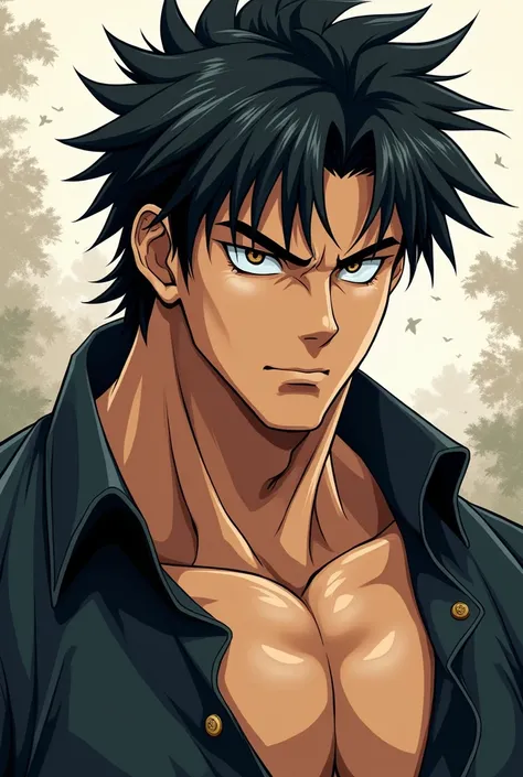 Make a handsome photo of a handsome black-haired masculine man. Try to show his whole body in Japanese anime style.