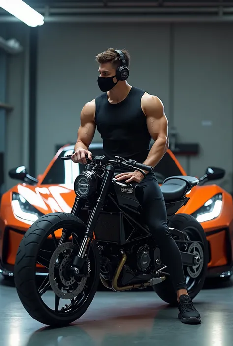 A gym boy with face mask wearing headphone, sitting on super bike in front of Sports car