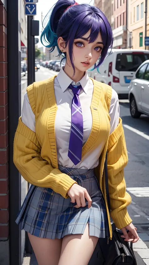 kurumu, purple eyes, blue hair, short hair, ponytail, yellow sweater vest, white shirt,green plaid skirt, red bow, necktie, 