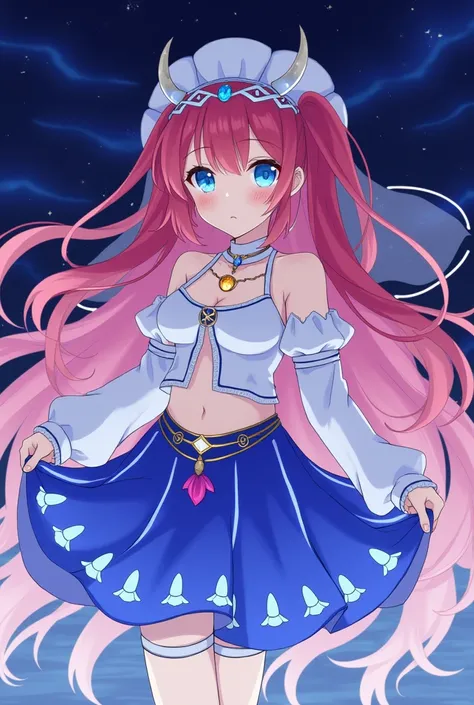 8k,Fluorescent Art, Starry sky,Alone, nilou (genshin impact), horns, 1girl, long hair, Veil, breasts, brooch, jewelry, looking at viewer, fake horns, skirt, red hair, circlet, navel, harem outfit, neck ring, stomach, long sleeves, water, bare shoulders, bl...