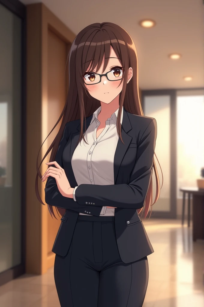 anime, A beautiful woman full of authority stands elegantly and gracefully in a modern and luxurious room wearing clothes like a professional assistant who is ready to help at any time., wearing glasses, brown and black hair, 8K, masterpiece, looking at th...