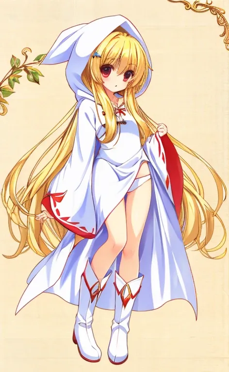 beautiful long blonde　whitemagefft　 white mage, hood, robe, (long robe, knee-length robe), boots,　whole body　white panties