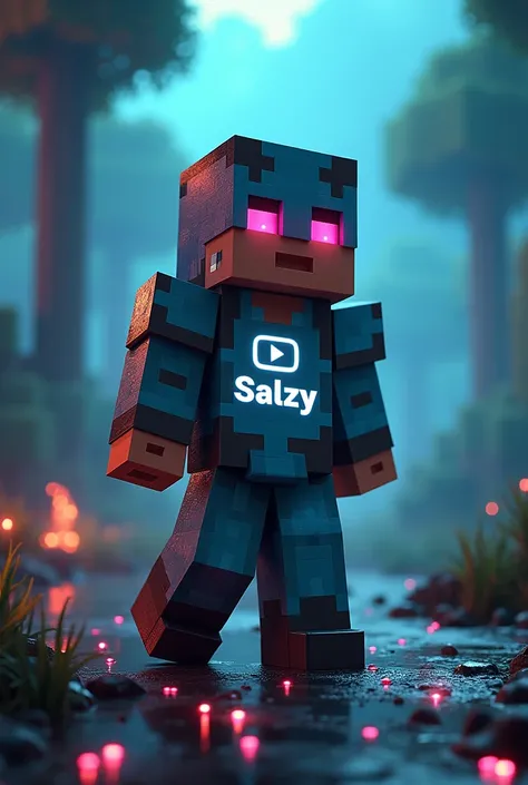 Create a minecraft youtube logo using salzy name and change the skin to a beautiful skin like sb737