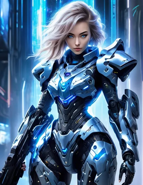 a woman wearing exoskeleton cyber armor, the armor fits snugly、((she has a plasma gun in her hand)), full body photo, maximum de...