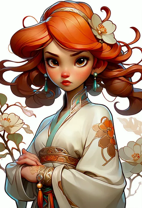 Cartoon style + Strange Stories from a Chinese Studio, game character, character design. Mucha style, character in front view, Art Nouveau style, 2D, pure white background. --s 400