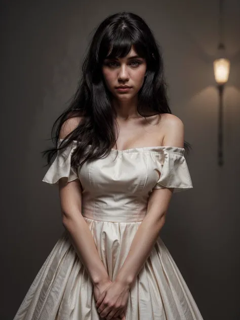 A stunning intricate full color portrait of (sks woman:1), wearing a royal off shoulder dress in white color, dark greyish plain background, epic character composition, by ilya kuvshinov, alessio albi, nina masic, sharp focus, natural lighting, subsurface ...