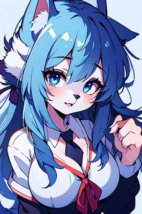 1girl, blue fur, wolf girl, medium breasts, school uniform, portrait, simple background, (furry:1.5)