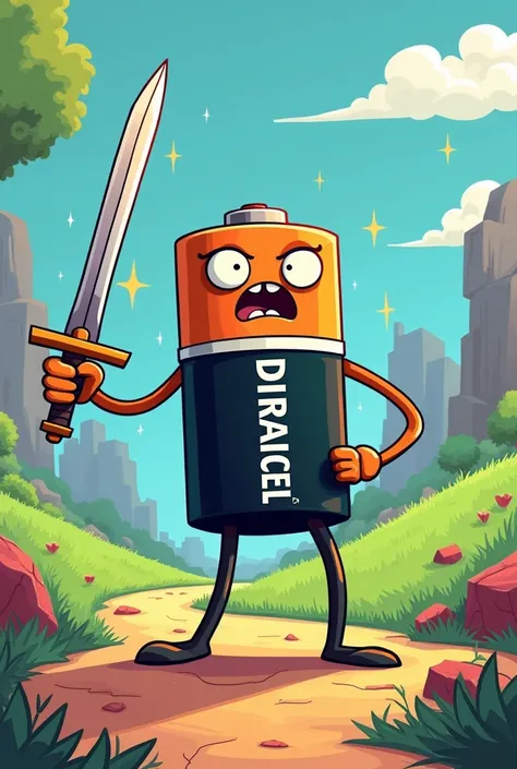 Duracell battery with arm and legs holding a sword in adventure time style