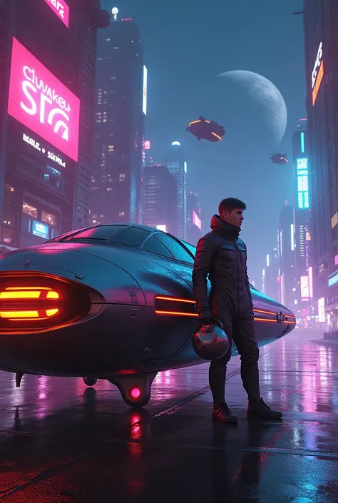 "A futuristic city at night, illuminated by neon lights in shades of pink, blue, and purple. In the foreground, a person stands leaning against a sleek spaceship, holding a space helmet in one hand. The spaceship has retro-futuristic design elements, inspi...