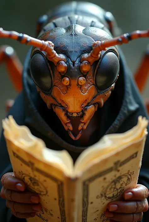 Close-up of a sorceress ant reading a scroll enhanced 1.5 