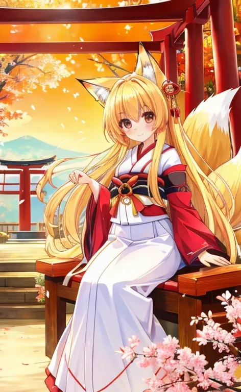 Beautiful long blonde girl rides　Japanese shrine maiden costume　Fox Ears　Fox&#39;s Tail　shrine