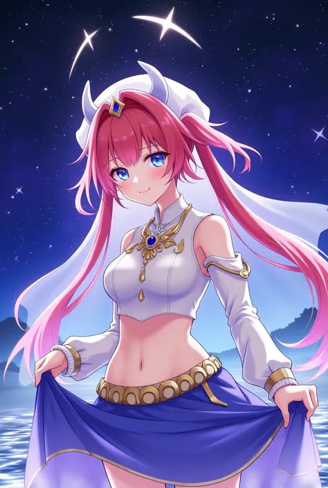 8k,Fluorescent Art, Starry sky,Alone, nilou (genshin impact), horns, 1girl, long hair, Veil, breasts, brooch, jewelry, looking at viewer, fake horns, skirt, red hair, circlet, navel, harem outfit, neck ring, stomach, long sleeves, water, bare shoulders, bl...