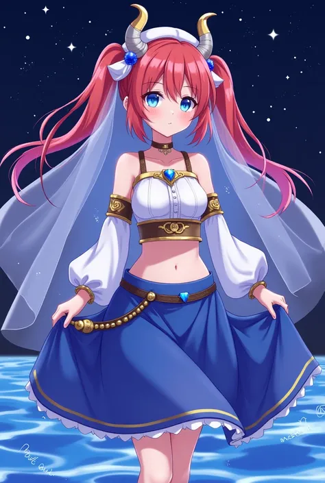 8k,Fluorescent Art, Starry sky,Alone, nilou (genshin impact), horns, 1girl, long hair, Veil, breasts, brooch, jewelry, looking at viewer, fake horns, skirt, red hair, circlet, navel, harem outfit, neck ring, stomach, long sleeves, water, bare shoulders, bl...