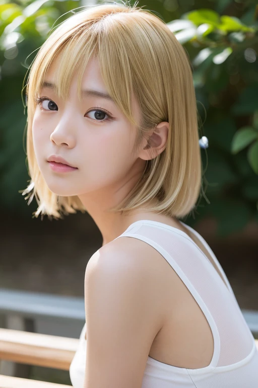 (Real),８KCG,High resolution,Create a photo of a Korean Asian teenager,beautiful girl, ((Blonde)),((10yo)),Narrow eyes:1.5,Slim Face,Underarm,White tank top,No arm hair,Small Face,Slim Face,Ask,Sit on outdoor park bench,
1人の女の子, 足をフレーム外へ,(((もっと平らな胸:1.5))), ...