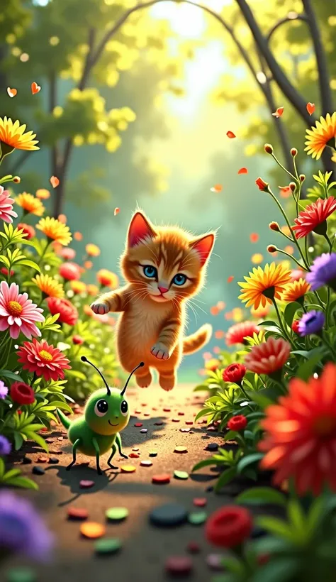 Sunny garden, Kitten Tico playing with his mother Dona Mimi, Grasshopper Gafi, colorful flowers, Playing in the garden, jumps and hideouts, Magic with leaves and flowers, Garden animals, Magical presentation