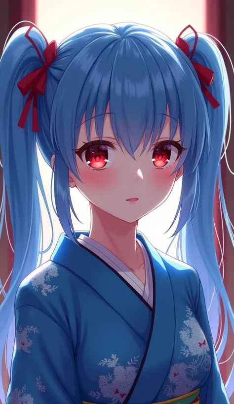 woman。Twin tails。Hair color: Blue。Eye Color: Red。anime。Blue kimono。One girl, solo, High resolution, 