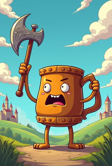 a medieval mug with arm and legs holding a battle axe in adventure time style