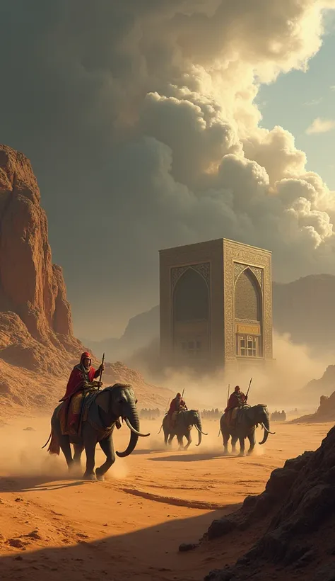 In this scene, Abrahah’s army is shown nearing Mecca, with the huge elephants walking across the vast desert. In the distance, the silhouette of the Kaaba appears small, surrounded by mountains. In the sky, dark clouds are forming, indicating that somethin...