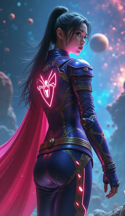 Full body A Korean girl with body goals, dressed in a powerful samurai armor merged with the iconic styles of Supergirl and Spidergirl. Her armor glows with vibrant neon colors against the backdrop of a galaxy filled with swirling stars and planets, ready ...