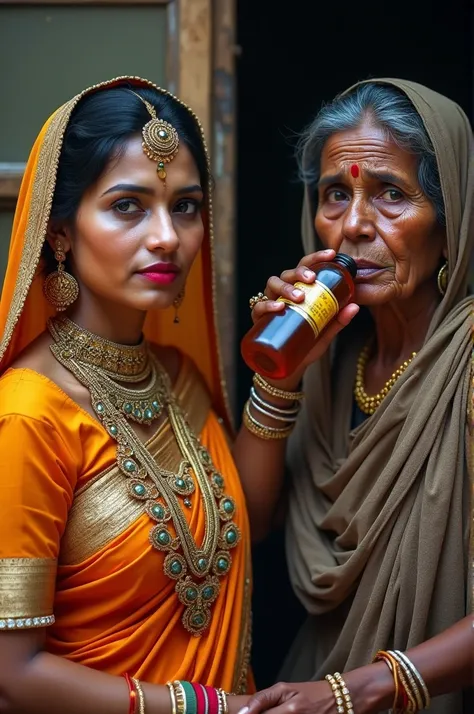 In one photo a very rich Indian woman and in another photo a poor woman wearing torn clothes and drinking, realistic type brown color photo