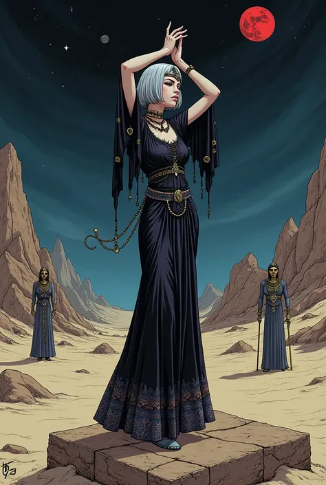 (ultra detailed face, Looking the other way, Fantasy illustration in gothic style, ink-e, comic art, dark color tone), 
BREAK 
(This is vast, Dry desert with nothing but rocks and sand.. In the midnight sky, You can see a small red moon and the bright Milk...