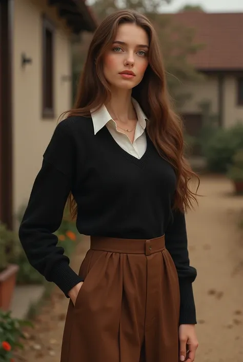 long modest brown skirt, brown long hair, curves, black sweater with white dress shirt under 