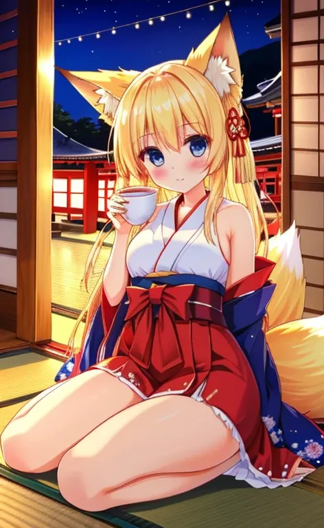 Beautiful long blonde girl rides　blue eyes　Japanese shrine maiden costume　Red Hakama　Shrine at night　whole body　Drinking sake　Hot Face　Fox Tail　Fox Ears　sit on tatami