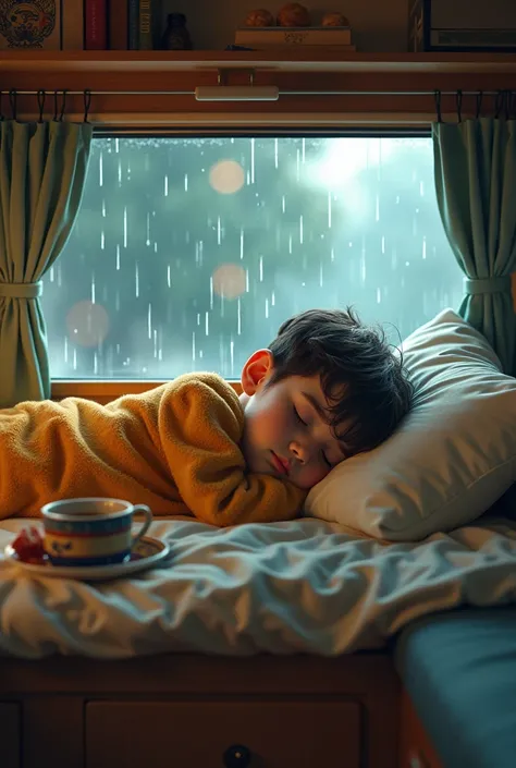 Sleep boy in vibe campervan, lofi, rain outside the campervan 