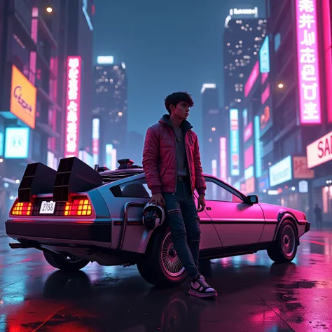 A futuristic nighttime cityscape with neon lights reflecting off wet streets. In the foreground, a person leans casually against a sleek DeLorean car, holding a motorcycle helmet in one hand. The individual wears a retro-futuristic jacket, glowing softly u...