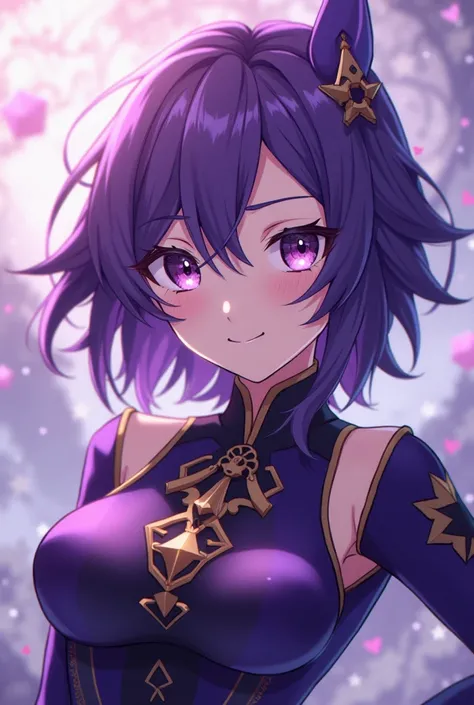 anime girl with purple hair and purple eyes in a purple outfit, ayaka genshin impact, [[[[grinning evily]]]], akasuki voidstar, onmyoji portrait, hajime yatate, anime moe artstyle, portrait knights of zodiac girl, keqing from genshin impact, ayaka game gen...